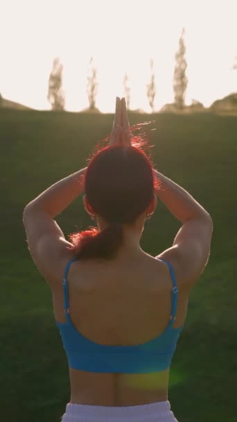 Vertikal Video Ung Atletisk Kvinna Mediterar Toppen Berget Zen Yoga — Stockvideo