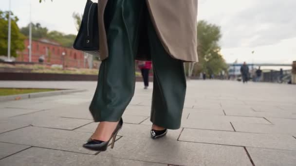Неузнаваемая Красивая Деловая Женщина Туфлях Высоком Каблуке Широких Брюках Прогуливается — стоковое видео