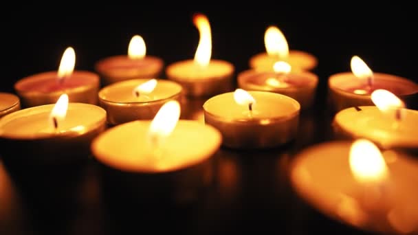 Candles Burn Soft Yellow Flame Dark Religion Funeral Concept Sorrow — Video Stock
