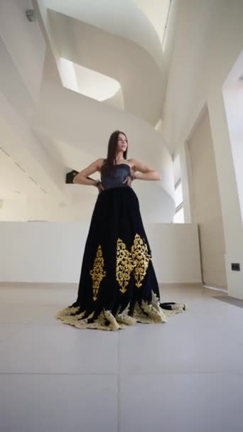 Kafasında Tacı Üzerinde Altın Desenli Siyah Elbisesi Olan Fantastik Güzellik — Stok video