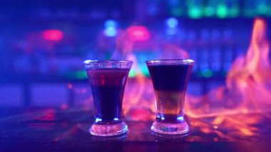 Bar tezgahında bir bardak Alkollü İçki. Barmen bir gece kulübünde bir bardak Cocktail 'i ateşe vererek içki hazırlıyor. Neon Blue Lighting 'deki bar. Yavaş Hareket.