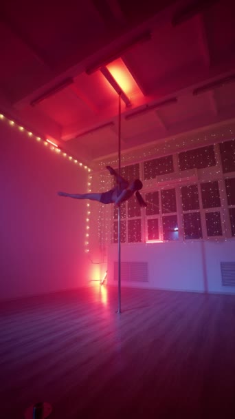 Elegant Woman Performs Pole Dance Neon Lighting Aerial Gymnastics Modern — Stock Video