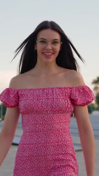 Happy Woman Eyeglasses Pink Dress Spinning Feeling Positive Good Mood — Stockvideo