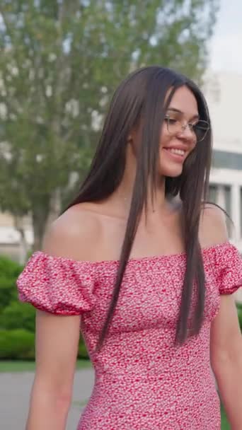 Happy Woman Eyeglasses Pink Dress Spinning Feeling Positive Good Mood — Vídeo de Stock