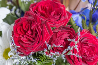 Kapalı bir çiçek buketinin desen arka planını kapat. Renkli çiçekleri içeren, çözünmüş arka planı olan.