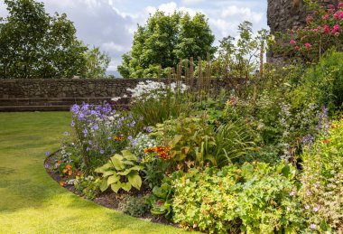 Avrupa resmi bahçesinin manzarası ve arka planda eski bir taş duvar olan çimlerin manzarası.