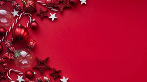 God Jul Och Gott Nytt Banner Koncept Närbild Röda Julbollar — Stockfoto
