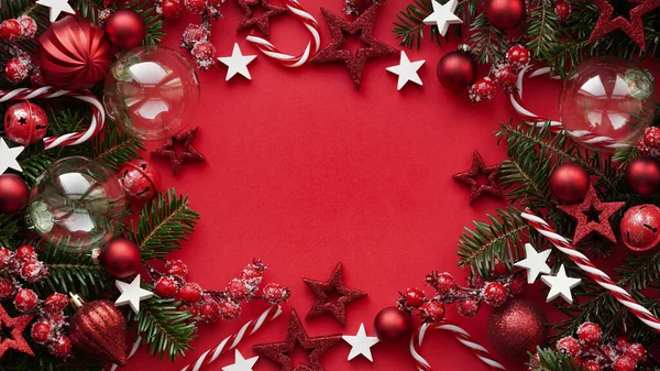 God Jul Och Gott Nytt Konceptet Banner Röda Bollar Randiga — Stockfoto