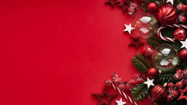 God Jul Och Gott Nytt Konceptet Banner Röda Bollar Randiga — Stockfoto