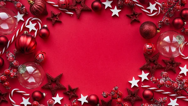 God Jul Och Gott Nytt Banner Koncept Närbild Röda Julbollar — Stockfoto