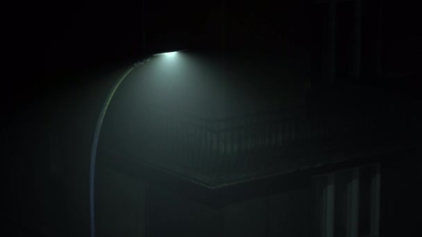 Уличная Лампа Углу Дома Освещает Движение Густого Тумана Ночью Городе — стоковое видео