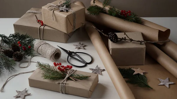 Zero Resíduos Eco Amigável Natal Concept Christmas Presentes Ano Novo — Fotografia de Stock