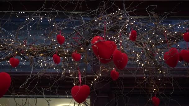 Close Red Velvet Hearts Willow Branches Garland Lanterns Festive Decor — kuvapankkivideo