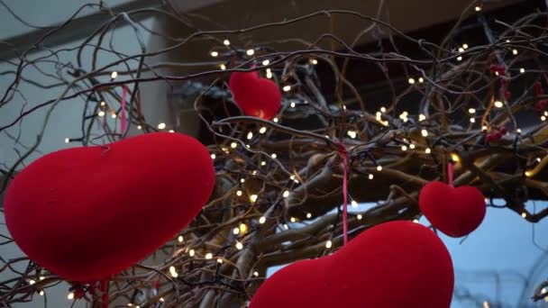 Close Red Velvet Hearts Willow Branches Garland Lanterns Festive Decor — Vídeos de Stock