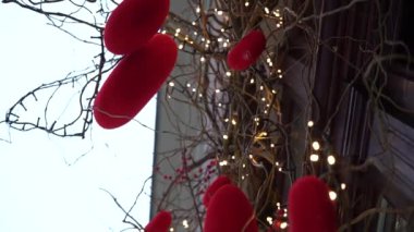 Close-up of red velvet hearts on willow branches among garland of lanterns,festive decor for Valentine's Day.Beautifully decorated shop window in the city.Cityscape, hearts in snow. Slow motion 4K