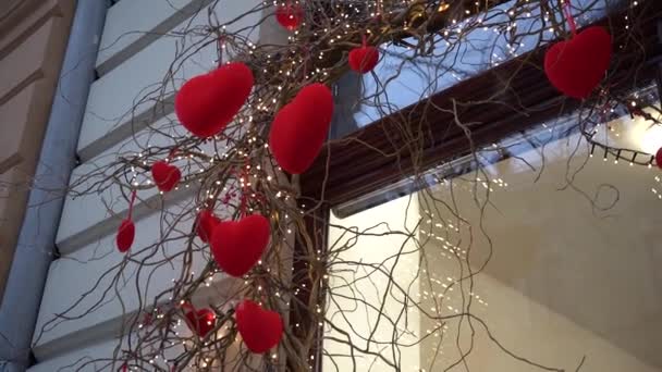 Close Red Velvet Hearts Willow Branches Garland Lanterns Festive Decor — Wideo stockowe