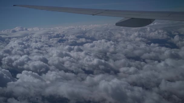 Widok Okna Samolotu Białe Puszyste Chmury Nad Miastem Pogodny Słoneczny — Wideo stockowe