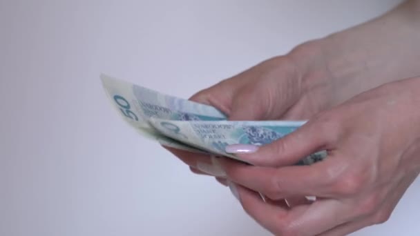 Close Dari Perempuan Tangan Menghitung Uang Gaji Zlotys Polandia Arus — Stok Video