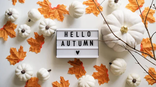 stock image Close-up text board with Hello Autumn lettering, pumpkins, orange maple leaves, twigs on white background, top view, flat lay. The concept of the beginning of autumn, fall atmosphere, mood.