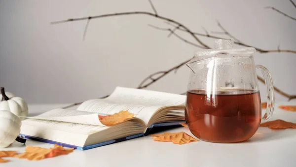 Egy Üveg Teáskanna Közelsége Forró Teával Könyvvel Narancsjuharfalevéllel Sütőtökkel Ággal — Stock Fotó