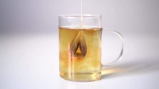 Ένα Φακελάκι Τσάι Από Μαύρο Αγγλικό Τσάι Παρασκευάζεται Μια Διάφανη — Αρχείο Βίντεο
