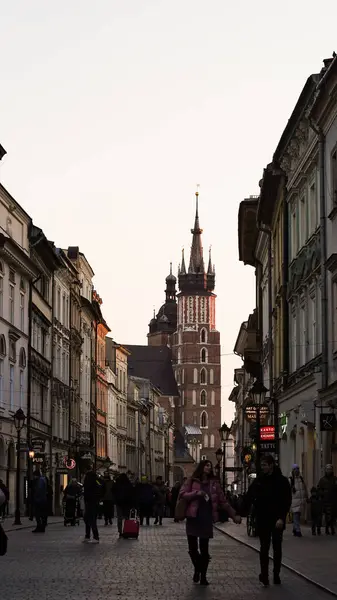Historyczne Centrum Krakowa Floriańska Końcu Ulicy Rynku Głównym Bazyliki Mariackiej — Zdjęcie stockowe