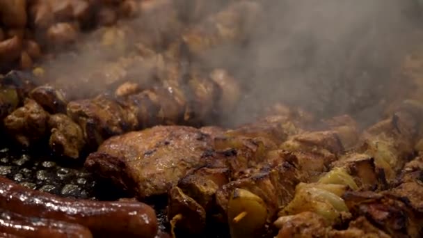 Primer Plano Cocinar Kebab Carne Salchichas Filete Parrilla Una Chimenea — Vídeos de Stock