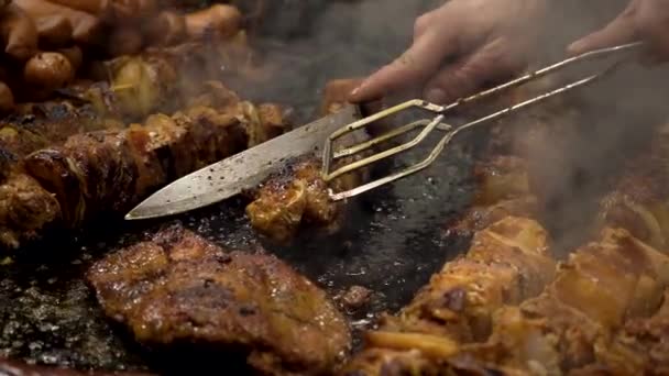 Primo Piano Cottura Kebab Carne Salsicce Bistecca Alla Griglia Camino — Video Stock