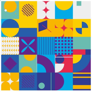 Geometrik duvar kağıdı kare yöneliminde. Çemberler, kareler, üçgenler ve parlak renklerdeki diğer geometrik şekillerle soyut bir arkaplan. Düzenlenebilir geometrik illüstrasyon duvar kağıdı.