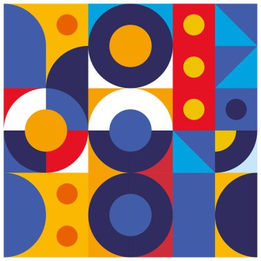 Portre yöneliminde renkli geometrik desenli arkaplan tasarımı. Özgün bir renk kombinasyonuna sahip düzgün düzenlenmiş çemberler, kareler ve dikdörtgenlerden oluşan soyut arkaplan.