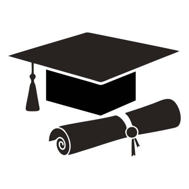 Havan topu silueti ve beyaz arka planda diploma. Lise mezuniyeti konsepti. Düzenlenebilir mezuniyet şapkası ve diploma sembolü. PNG Biçimi