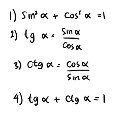Temel trigonometrik kimlikler. Sinüs, kosinüs, tanjant, kotanjant hesaplamak için formüller. Eğitim, notlar, lise matematik programları. El yazısıyla yazılmış matematik metni. Vektör çizimi. EPS10