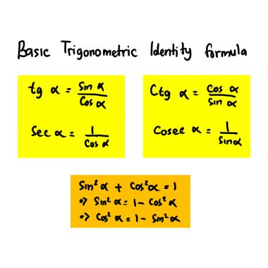 Temel trigonometrik kimlikler. Tanjant formülü eşittir sinüs bölü kosinüs. Sinüs kare ve kosinüsün karesinin toplamı. Cosec ve cotangent. Matematik. El yazısıyla yazılmış matematik metni. Vektör. EPS10