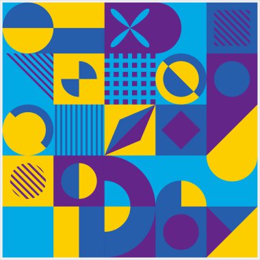 Renkli arka planlar. Daireler, kareler, dikdörtgenler, üçgenler ve diğerleri gibi geometrik desenlerden oluşan mavi mor sarı