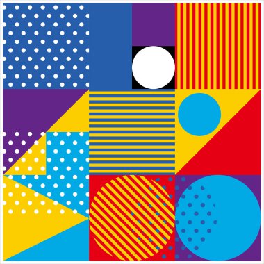 Renkli arka planlar. Daireler, kareler, dikdörtgenler, üçgenler, noktalar ve diğer geometrik şekiller gibi geometrik desenlerden oluşan mavi sarı kırmızı