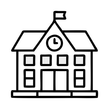 Beyaz arka planda anahat okul binası. Okul binasının ikonu beyazdır. Okul temalı sayfaları boyamak için de kullanılabilir. Okula Dönüş