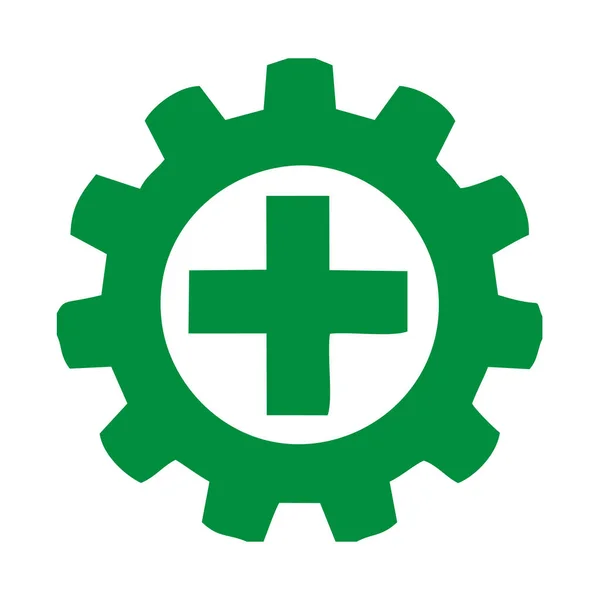 中央にギヤホイールが付いている緑の健康のアイコンは健康のシンボルとしてプラスの印を備えています 適切な健康シンボル — ストックベクタ