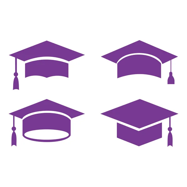 Conjunto Iconos Gorras Graduación Colección Gorras Púrpuras Para Símbolo Graduación — Archivo Imágenes Vectoriales