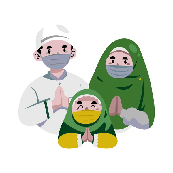 Šťastný Karikatura Muslimské Rodiny Roztomilé Muslimské Rodinné Postavy Slouží Uvítání — Stockový vektor