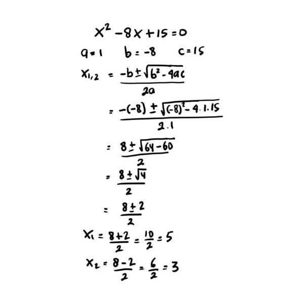 Handgeschreven Oplossing Van Kwadratische Vergelijkingen Stap Voor Stap Het Factoreren — Stockvector