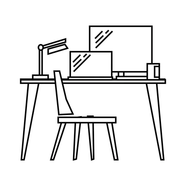 Schreibtisch Mit Computer Und Stuhl Ikone Karikatur Isoliert Schwarz Weiß — Stockvektor