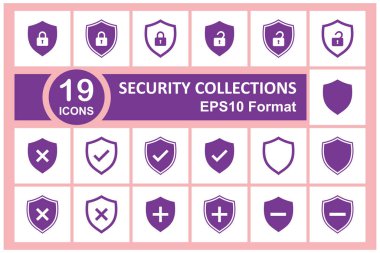 Güvenlik ve koruma teması üzerine bir simge seti. Vektör çizimi. Tasarım koruması, güvenlik, gizlilik vb. için uygun koruyucu temalı 19 güvenlik simgesinden oluşan bir koleksiyon