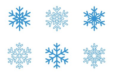 Beyaz arkaplan üzerinde kar taneleri simgesi seti, düz stil, vektör illüstrasyonu. Yumuşak gökyüzü mavisi 6 kar tanesi ikonu. Noel tasarımı için uygun, kış mevsimi, vs.