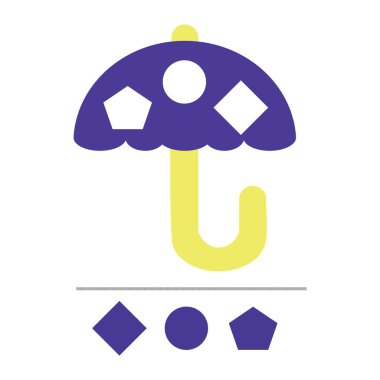 Şemsiye düz renk simgesi. Dörtgenleri, beşgenleri ve çocukları cezbeden şemsiyeler şeklinde daireleri tanımada öğrenci faaliyet tabloları. anaokulu eğitim faaliyet sayfası