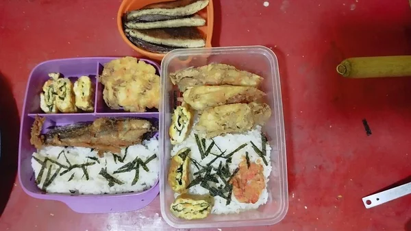 Fried Mackerel Rice Plastic Box Street Food Lunch Menu Rice — Stock Photo, Image