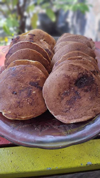 Homemade Chocolate Pancakes Plate Rustic Style Dorayaki Plate Ready Served — Stock Photo, Image