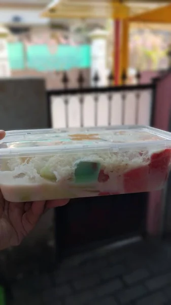 Sticky Rice Pudding Thai Dessert Plastic Box Hand Fruit Salad — Stock Photo, Image