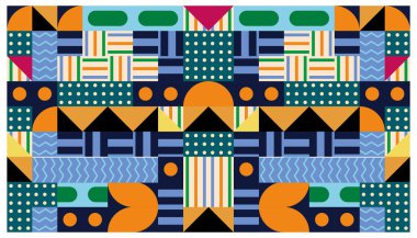 Retro memphis tarzında geometrik elementlerle kusursuz Afrika deseni. Kabile vektör süslemesi. Sembollü etnik halı. Aztek tarzı. Antik iç mekanlar. Modern halılar. Tekstil üzerindeki jeoprint.