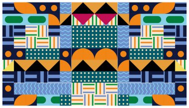 Retro memphis tarzında geometrik elementlerle kusursuz Afrika deseni. Kabile vektör süslemesi. Sembollü etnik halı. Aztek tarzı. Antik iç mekanlar. Modern halılar. Tekstil üzerindeki jeoprint.