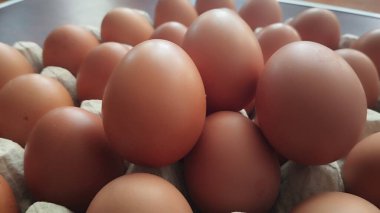 Süpermarketteki bir rafta plastik bir kutuda yumurtalar. Süpermarkette yumurta kutusunu kapat. Yumurtalar paketin içinde. Karton kutuda tavuk yumurtası